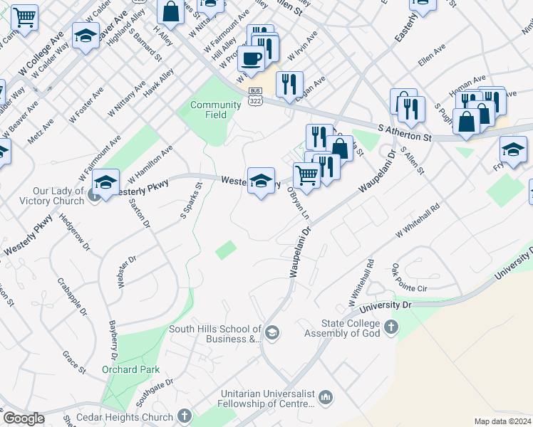 map of restaurants, bars, coffee shops, grocery stores, and more near 653 Westerly Parkway in State College