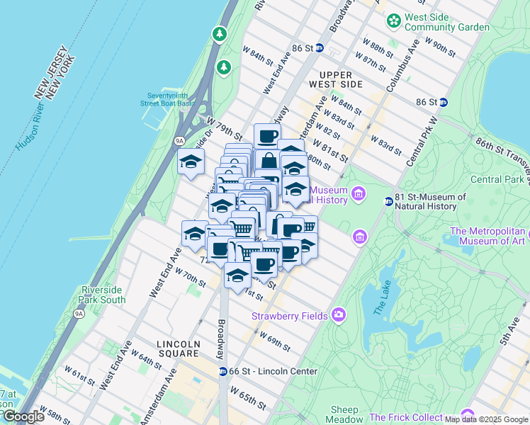 map of restaurants, bars, coffee shops, grocery stores, and more near 331 Amsterdam Avenue in New York