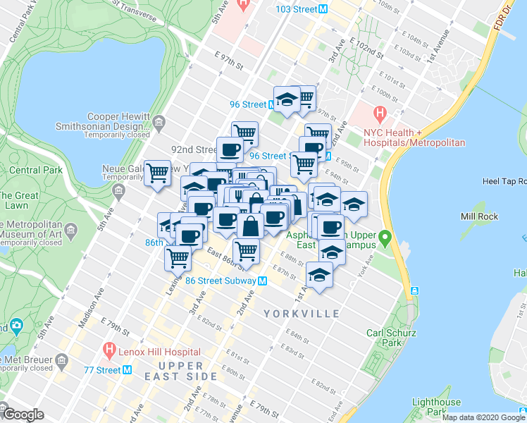 map of restaurants, bars, coffee shops, grocery stores, and more near 208 East 90th Street in New York