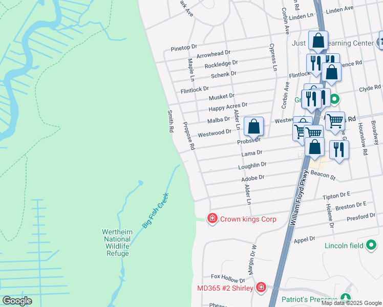 map of restaurants, bars, coffee shops, grocery stores, and more near 56 Propose Road in Shirley