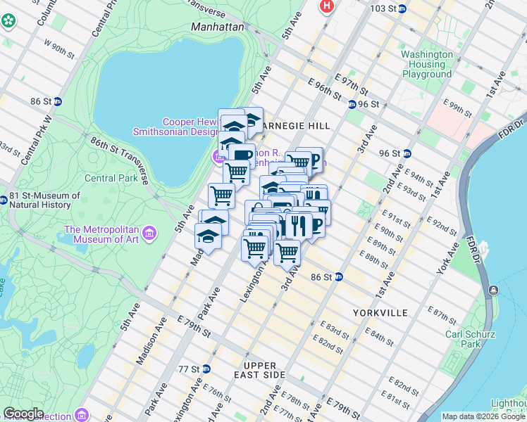 map of restaurants, bars, coffee shops, grocery stores, and more near 1065 Park Avenue in New York