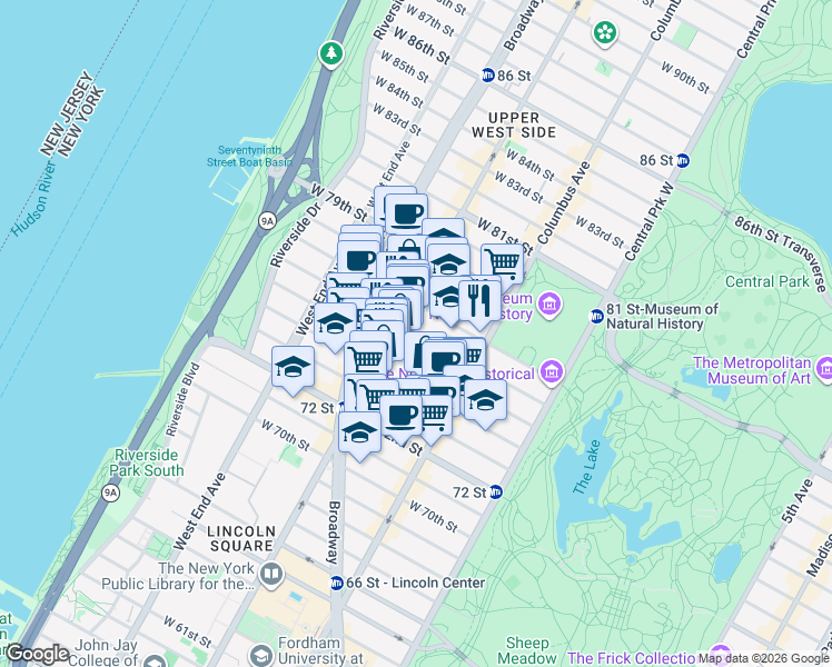 map of restaurants, bars, coffee shops, grocery stores, and more near West 76th Street in New York