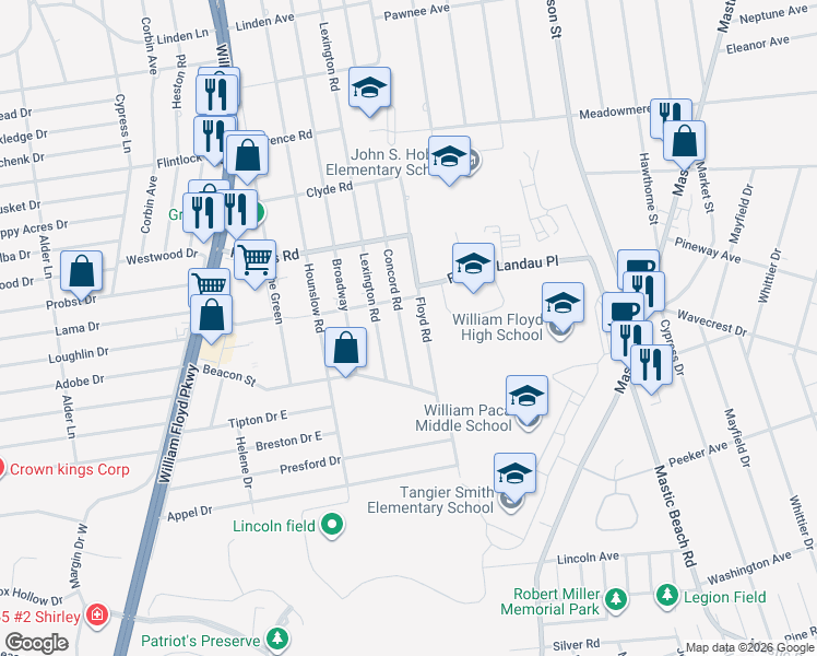 map of restaurants, bars, coffee shops, grocery stores, and more near 203 Concord Road in Shirley