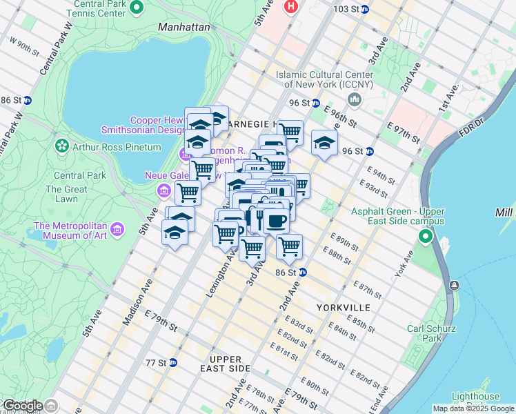 map of restaurants, bars, coffee shops, grocery stores, and more near 1321 Lexington Avenue in New York