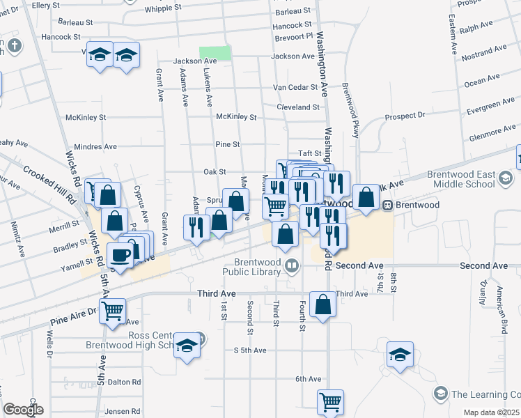 map of restaurants, bars, coffee shops, grocery stores, and more near 8 Monroe Avenue in Brentwood