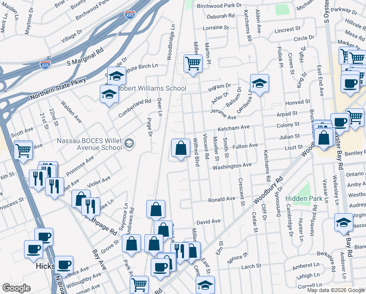 map of restaurants, bars, coffee shops, grocery stores, and more near 114 Miller Road in Hicksville