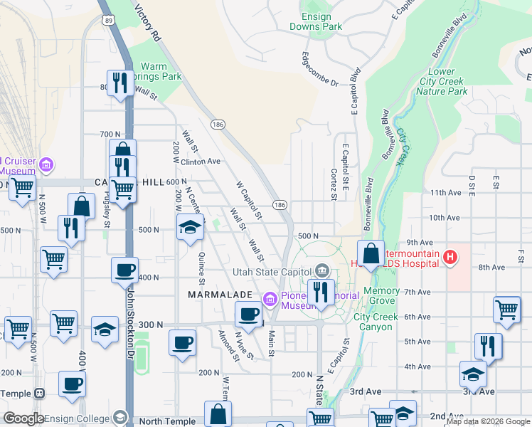 map of restaurants, bars, coffee shops, grocery stores, and more near 51 West Girard Avenue in Salt Lake City