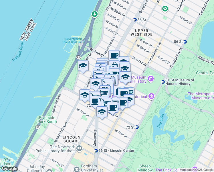map of restaurants, bars, coffee shops, grocery stores, and more near in New York