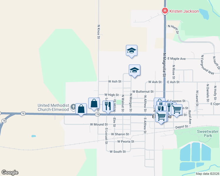 map of restaurants, bars, coffee shops, grocery stores, and more near 701 West High Street in Elmwood