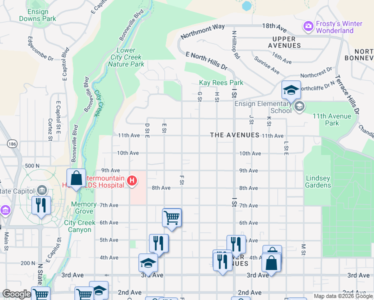 map of restaurants, bars, coffee shops, grocery stores, and more near 457 East 10th Avenue in Salt Lake City