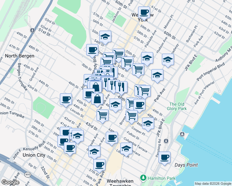 map of restaurants, bars, coffee shops, grocery stores, and more near 306 47th Street in Union City