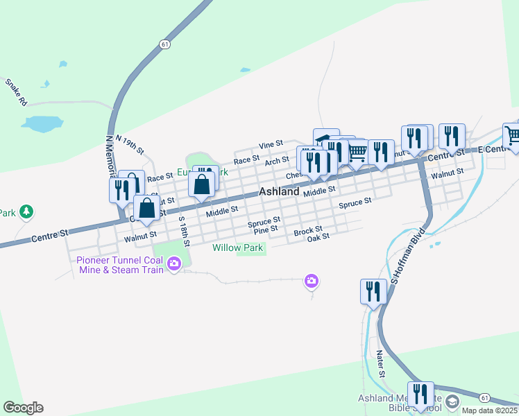 map of restaurants, bars, coffee shops, grocery stores, and more near 1305 Walnut Street in Ashland