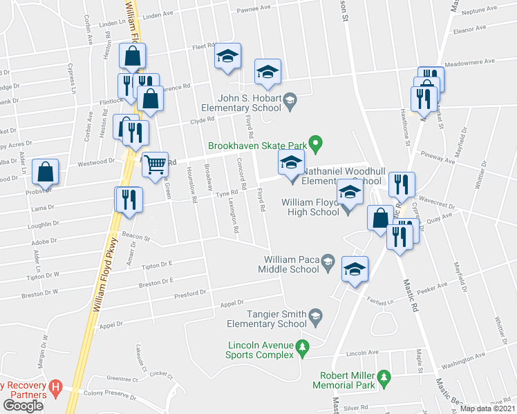 map of restaurants, bars, coffee shops, grocery stores, and more near 258 Floyd Road in Shirley