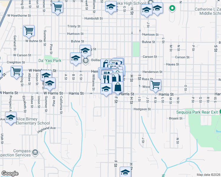 map of restaurants, bars, coffee shops, grocery stores, and more near 449-499 Harris Street in Eureka