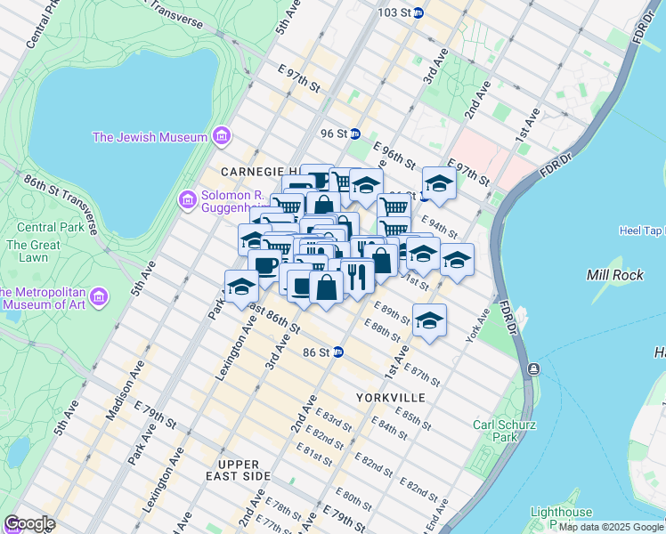 map of restaurants, bars, coffee shops, grocery stores, and more near 232 East 90th Street in New York