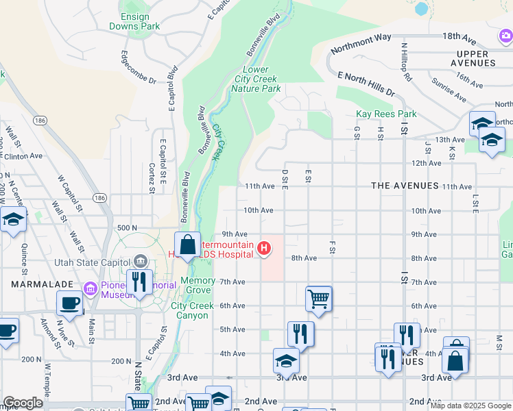 map of restaurants, bars, coffee shops, grocery stores, and more near 505 C Street in Salt Lake City