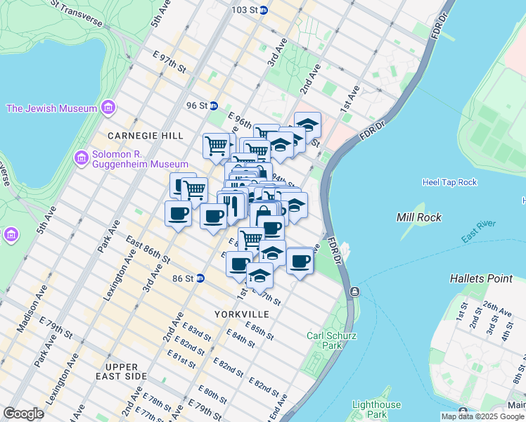 map of restaurants, bars, coffee shops, grocery stores, and more near 320 East 92nd Street in New York