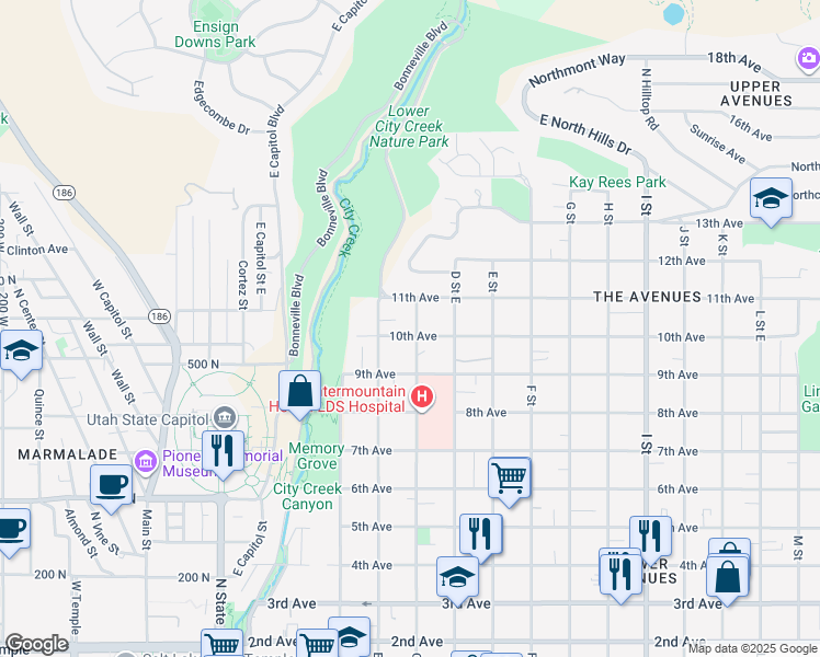 map of restaurants, bars, coffee shops, grocery stores, and more near 505 C Street in Salt Lake City