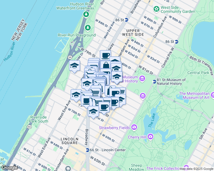 map of restaurants, bars, coffee shops, grocery stores, and more near 175 West 76th Street in New York