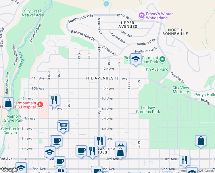 map of restaurants, bars, coffee shops, grocery stores, and more near 490 J Street in Salt Lake City