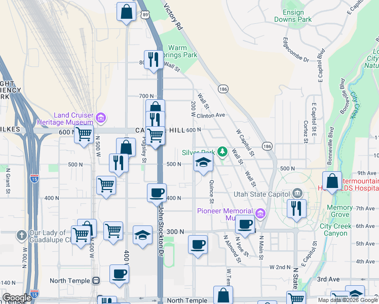 map of restaurants, bars, coffee shops, grocery stores, and more near 535 North 200 West in Salt Lake City