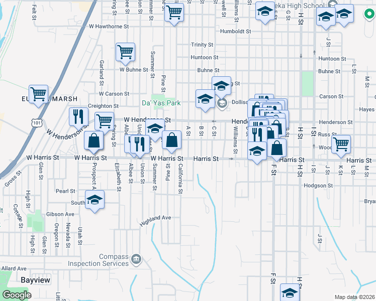 map of restaurants, bars, coffee shops, grocery stores, and more near 2969 California Street in Eureka
