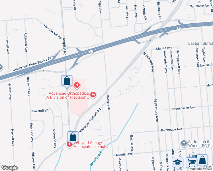 map of restaurants, bars, coffee shops, grocery stores, and more near Sills Road in East Patchogue