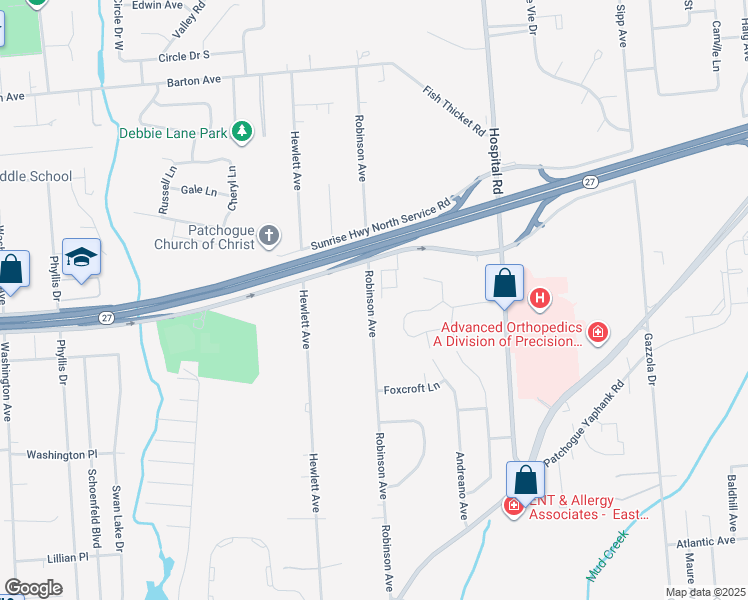 map of restaurants, bars, coffee shops, grocery stores, and more near 273 Robinson Avenue in East Patchogue