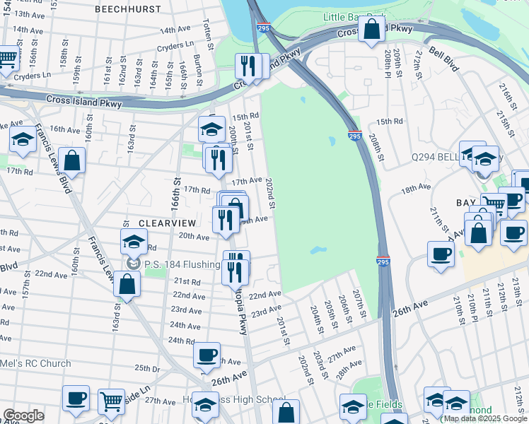 map of restaurants, bars, coffee shops, grocery stores, and more near 199-42 19th Avenue in Queens