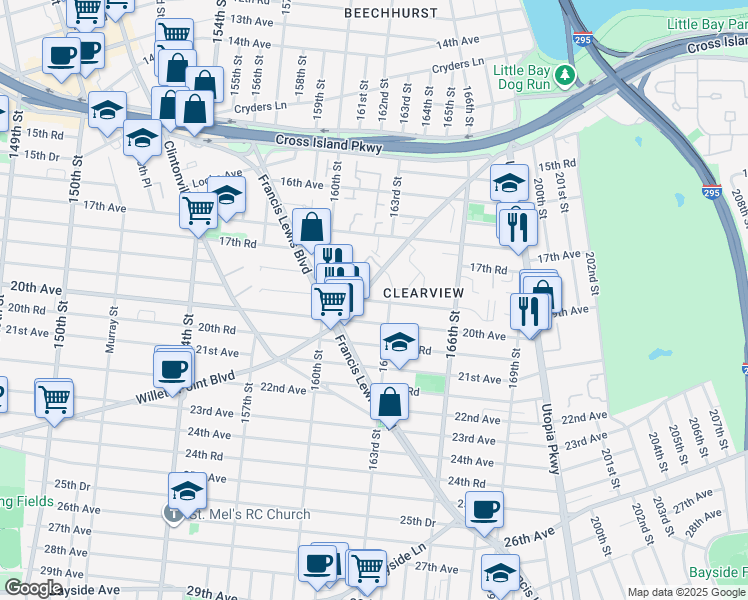 map of restaurants, bars, coffee shops, grocery stores, and more near 160-43 20th Avenue in Queens