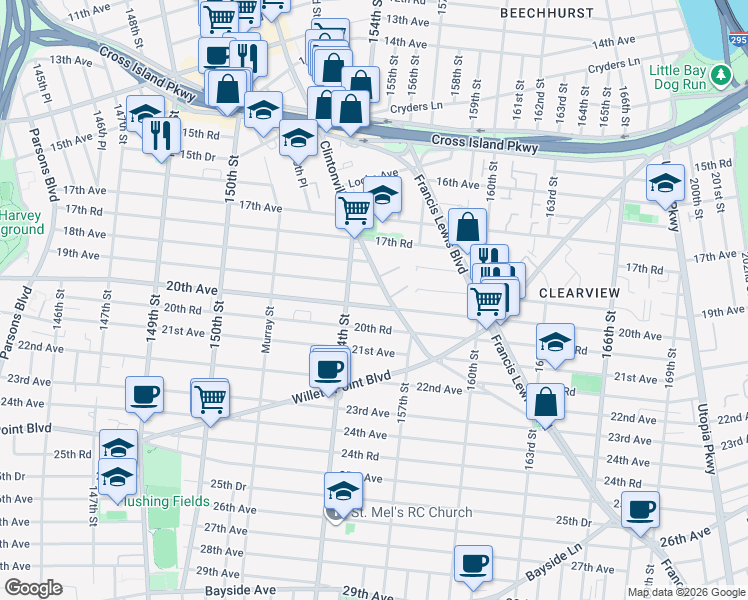 map of restaurants, bars, coffee shops, grocery stores, and more near 154-32 20th Avenue in Queens