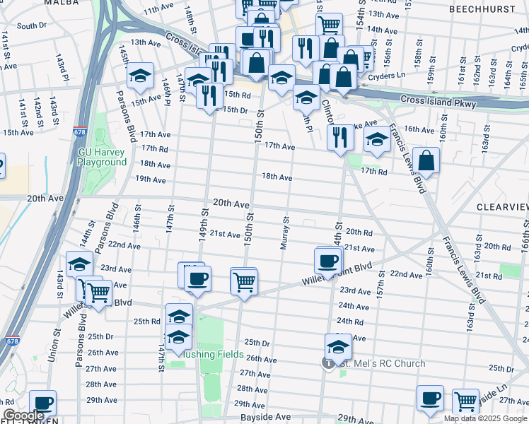 map of restaurants, bars, coffee shops, grocery stores, and more near 150-18 20th Road in Queens