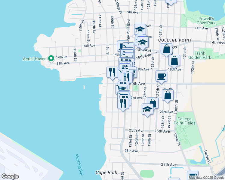 map of restaurants, bars, coffee shops, grocery stores, and more near 20-44 120th Street in Queens