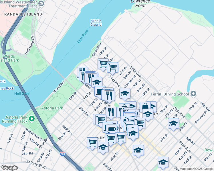 map of restaurants, bars, coffee shops, grocery stores, and more near 21-36 24th Street in Queens
