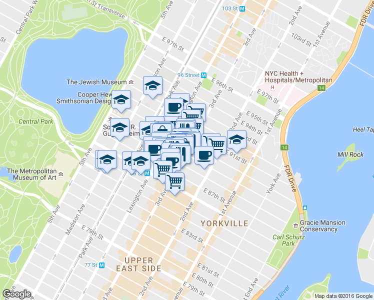 map of restaurants, bars, coffee shops, grocery stores, and more near in New York
