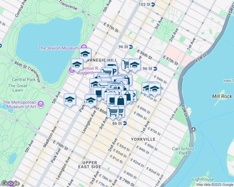 map of restaurants, bars, coffee shops, grocery stores, and more near 1574 3rd Avenue in New York