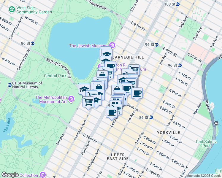 map of restaurants, bars, coffee shops, grocery stores, and more near 1040 Park Avenue in New York