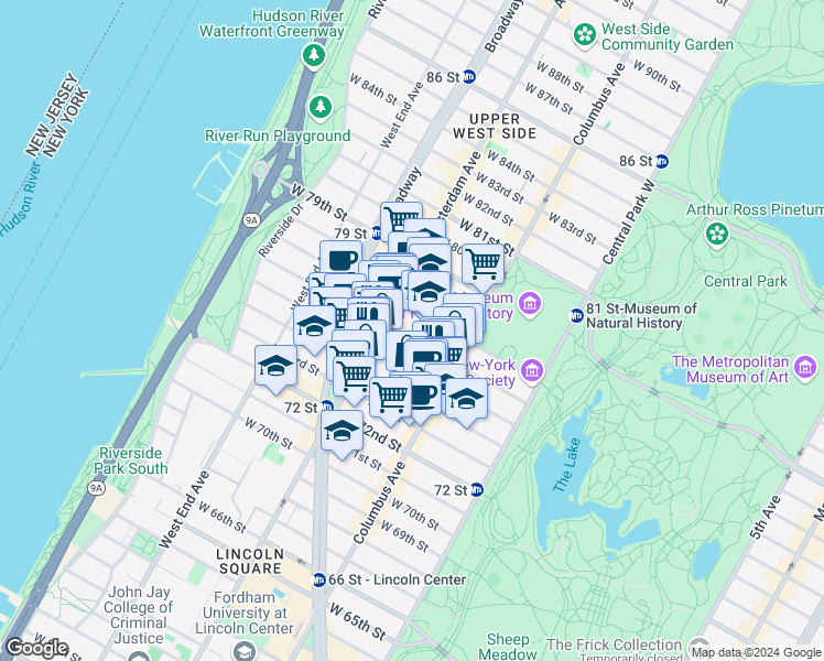 map of restaurants, bars, coffee shops, grocery stores, and more near 141 West 77th Street in New York