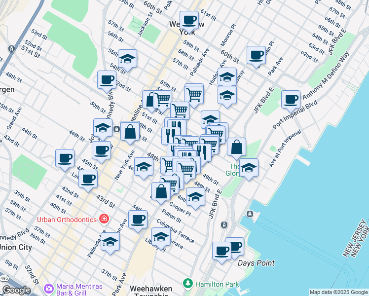 map of restaurants, bars, coffee shops, grocery stores, and more near 4915 Broadway in West New York