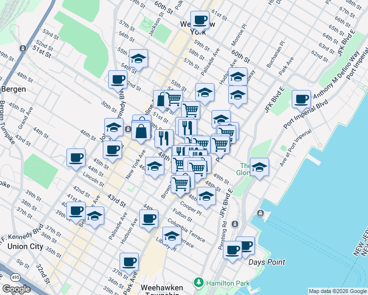 map of restaurants, bars, coffee shops, grocery stores, and more near 149-51 49th Street in Union City