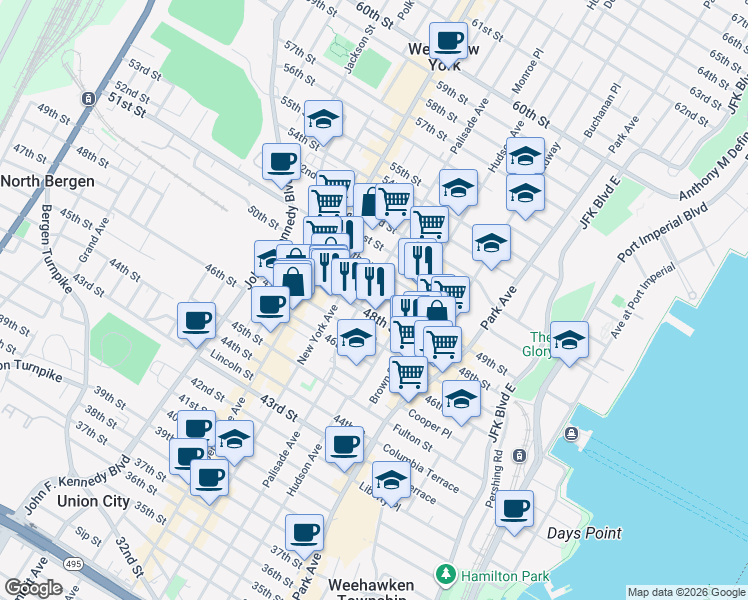 map of restaurants, bars, coffee shops, grocery stores, and more near 218 48th Street in Union City