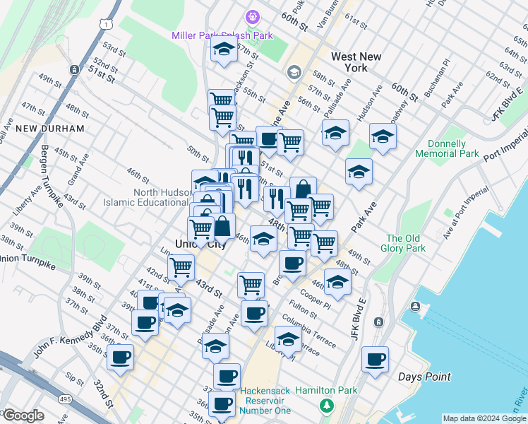 map of restaurants, bars, coffee shops, grocery stores, and more near 306 47th Street in Union City