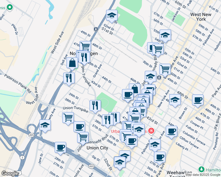 map of restaurants, bars, coffee shops, grocery stores, and more near 1311 43rd Street in North Bergen