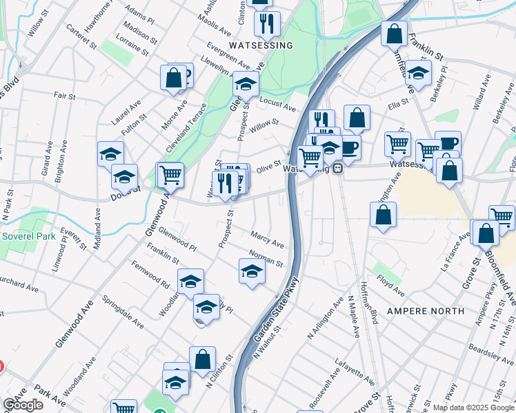 map of restaurants, bars, coffee shops, grocery stores, and more near 24 Kensington Place in East Orange