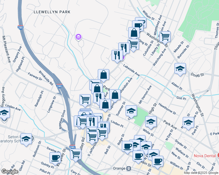 map of restaurants, bars, coffee shops, grocery stores, and more near 75 Ashland Avenue in West Orange