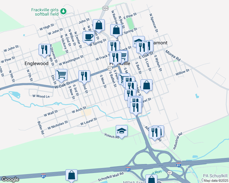 map of restaurants, bars, coffee shops, grocery stores, and more near 238 South Balliet Street in Frackville