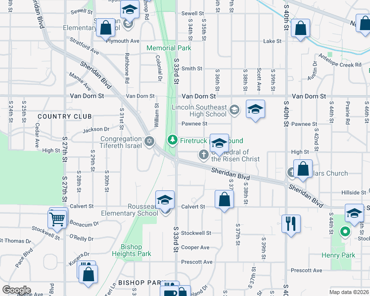 map of restaurants, bars, coffee shops, grocery stores, and more near 3400 Sheridan Boulevard in Lincoln