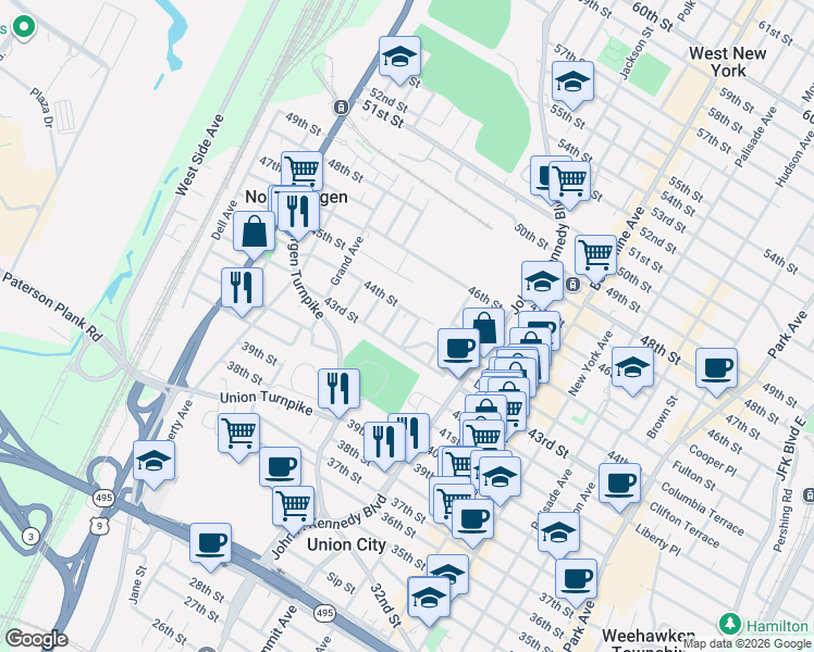 map of restaurants, bars, coffee shops, grocery stores, and more near 1311 43rd Street in North Bergen