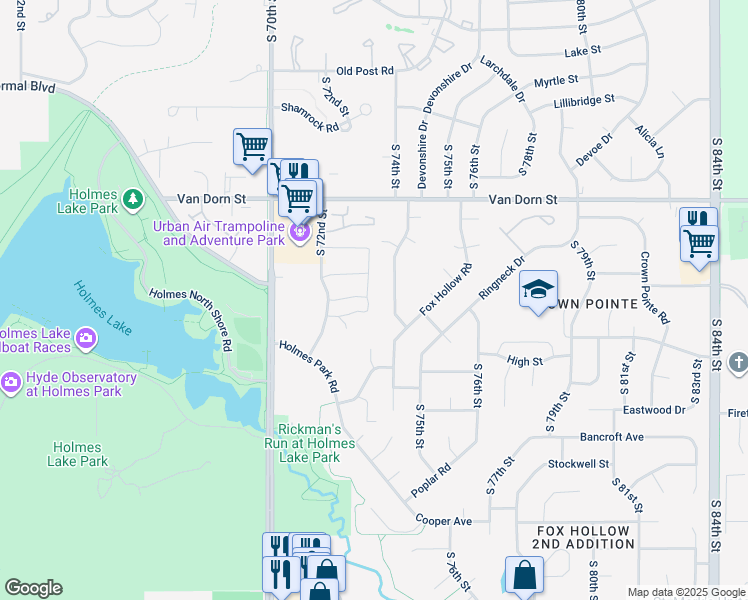 map of restaurants, bars, coffee shops, grocery stores, and more near 3140 South 72nd Street in Lincoln