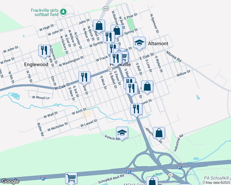 map of restaurants, bars, coffee shops, grocery stores, and more near 238 South Balliet Street in Frackville